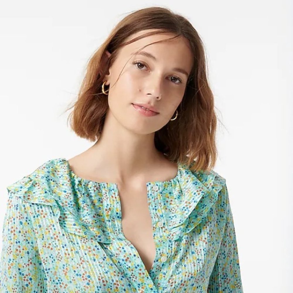 J. Crew | Ruffle Top In Field Day Print Aqua Small Ditsy Floral Mint New Viscose - Picture 4 of 15